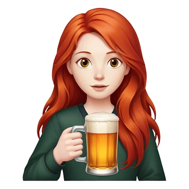 Person with long red hair holding a beer sticker