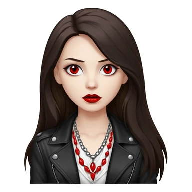 brunette with very long hair in black cuir jacket with red lips and very dark brown eyes and white shirt and mysterious necklace without piercing with evil eyes sticker