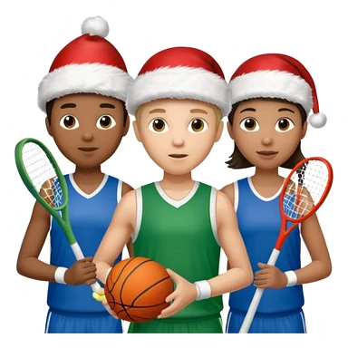 crie a imagem de 3 atletas de modalidades diferentes, usando elementos esportivos, como por exemplo bola, raquete, luca... e usando um chápeu de papai noel das cores verde e azul. sticker