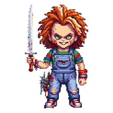 Chucky with wild hair, evil grin, holding a bloody knife sticker