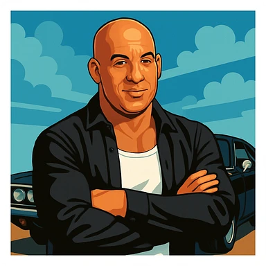 Vin Diesel wearing a white tank top and a black jacket, standing in front of a black car, realistic cartoon style sticker
