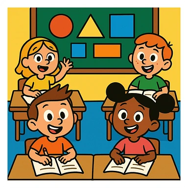 children sitting at desks with notebooks in front of them, geometric shapes lesson, cheerful, cartoon style sticker