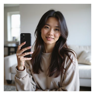 realistic PNG image of a woman with long straight dark brown-black hair holding an iPhone recording a TikTok video wearing casual clothes with a neutral expression in a bright living room transparent background sticker