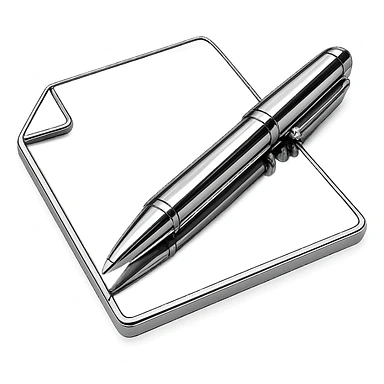 chrome style piece of paper with a metallic pen resting on it, highly reflective and polished sticker