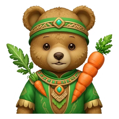 teddy bear, wearing green mayan ancient custome, with carrot sticker