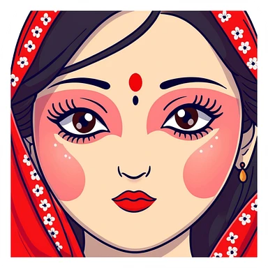 White girl with long oval shaped face, large almond shaped eyes with long eyelashes, long straight black hair falling in front of her bare shoulders, face closeup, with intricate patterned red and white gopi dots in a decorative design above eyebrows sticker