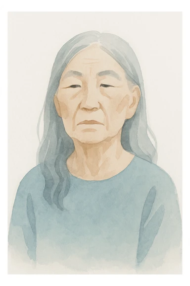 painterly portrait of old Asian woman with long grey hair and stoic expression sticker