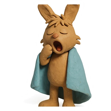 full-body pale brown bunny yawning with messy hair, blanket over shoulders, claymation style sticker