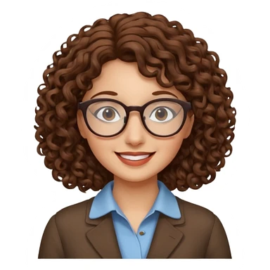 Mujer, pelo castaño, rizado, gafas sticker