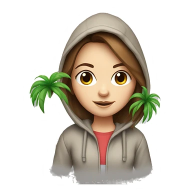 White girl with brown hair wearing a hoodie carrying a small palm tree sticker