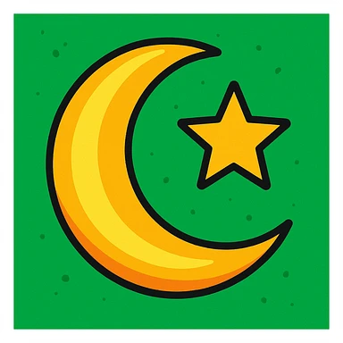 crescent moon with star on a green background, vibrant cartoon style sticker
