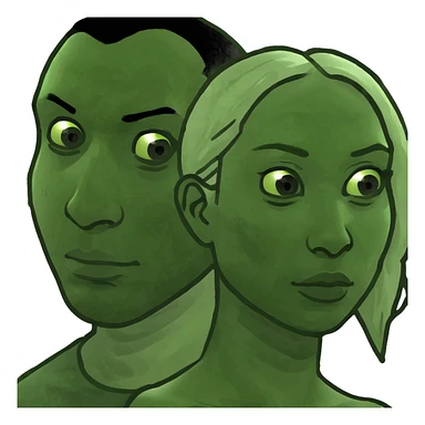 white woman with blue eyes and blonde curly hair standing next to a black man with brown eyes and short black curly hair sticker