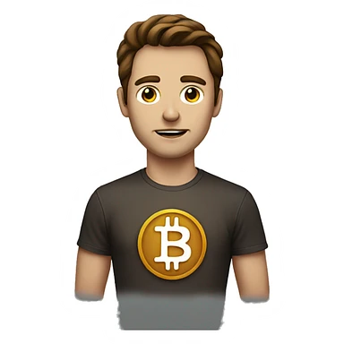 A man with laser eyes, brown hair, with a bitcoin badge on tshirt sticker