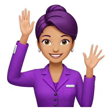 Woman cosmetologist in purple salon uniform with hand raised, smiling sticker