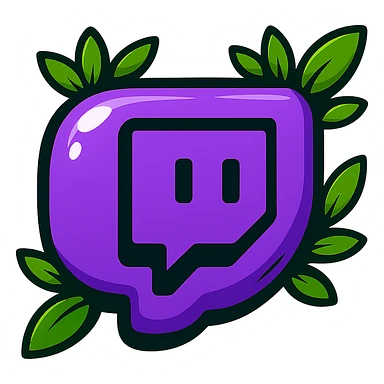 Super plump, smooth Twitch logo, cartoon style, thick black outline, expressive shadows, glossy highlights, surrounded by bright leaves, no background. Emphasize rounded shapes, contours, and shine, matching the reference style. sticker