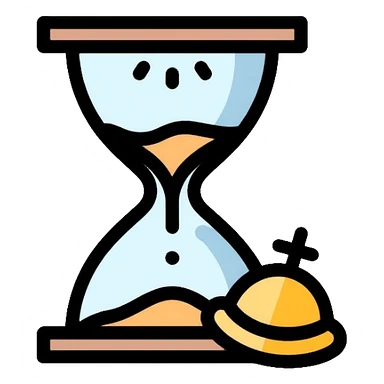 A small hourglass with just a little sand left at the bottom and a shining golden alarm bell next to it, representing a very short task sticker