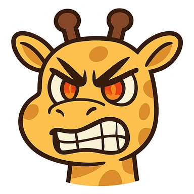 A fierce, determined cartoon giraffe face with furrowed brows, clenched teeth, and fiery eyes. The design should be bold and comically exaggerated, suitable for a 'grr' or 'tryhard' emote. Use sharp angles for the eyebrows, vibrant colors, and a clean, readable style even at small sizes. Cartoonish, kawaii-inspired style, flat toon sticker