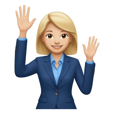 Make emoji of business woman with light skin and medium blonde hair in a dark blue business suit and light blue shirt waiving to new clients sticker