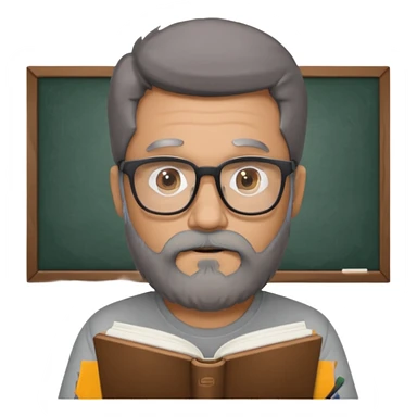 A man with a large gray beard, dark hair, wearing a t-shirt and glasses, studying. sticker