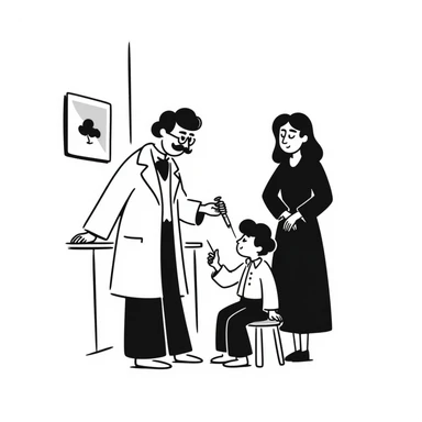 A Victorian doctor giving a young poor boy a vaccination with the boy's mother in the background looking worried sticker