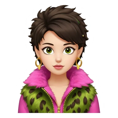 generate a pretty fair bratz girl with dark brown eyes. Dark brown hair tied up in a funky hairstyle. Wearing a green fur jacket, with pink top underneath. Golden earrings sticker