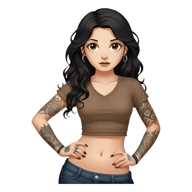 A girl with fair skin and a little fat - long black hair with big waves - tattoos on her arms - wearing a brown navel-revealing short-sleeved shirt - with a navel piercing sticker