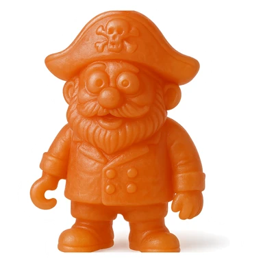 hyper-detailed retro 90's toy style bright orange semi-transparent soft plastic pirate with derpy eyes soft reflections soft and squishy some cloudiness not shiny highly detailed appealing no tag no background sticker