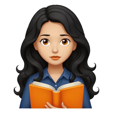 Long Hair Women with orrange Book, Black wavy hair, sad

 sticker