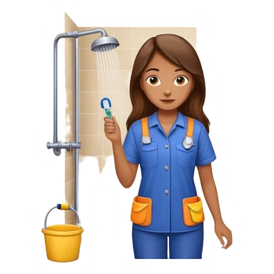 beautiful girl with long brown hair constructing new bathroom area with new shower and amenities  sticker