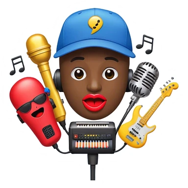 Create a vibrant and creative emoji that represents beatboxing. The design should feature a microphone with a cap placed on top, with oversized lips peeking out from under the cap. From the lips, bass clefs should be flying out, along with a variety of musical instruments (like a drum, electric guitar, and piano keys) to symbolize the blend of rhythm and creativity in beatboxing. Use bold, energetic colors like neon red, yellow, and blue to capture the lively and street-savvy essence of beatboxing. The background should be transparent. sticker