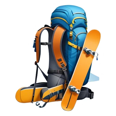 Icon for Mountain Tourism: a snow-covered peak in the distance, with skis, a snowboard, climbing gear, a backpack, and a camera. The icon should represent the adventure and exploration of mountain landscapes. Transparent background. sticker