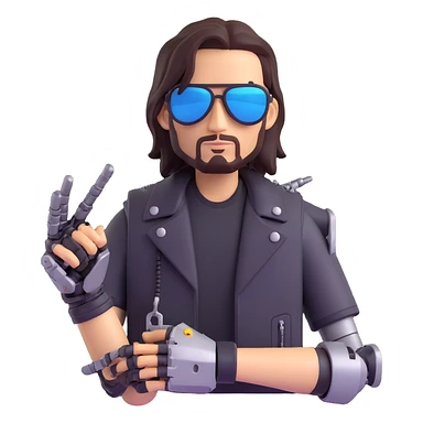 Johnny Silverhand, cyberpunk rockstar with a robotic arm, sunglasses, and a rebellious attitude, 3D emoji style sticker