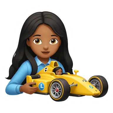  long black haired black girl kid playing yellow colored formula 1 car toy sticker