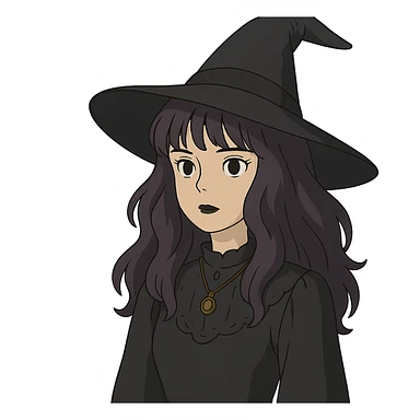 gothic woman with purple hair, witchy touch, in ghibli style sticker