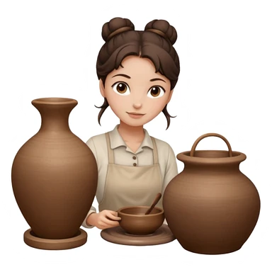 Brunette girl with a bun, behind the potter's wheel, wearing neutral clothing sticker