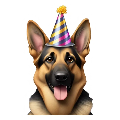 German shepherd wearing a party hat sticker