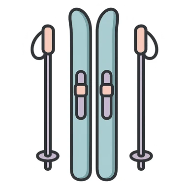 cross-country skis standing upright with poles close to skis on the sides, detailed shading, thin clean outlines, soft rounded features, pastel palette #98B5BC #B5B3C1 #C9A3C9 #E4C0CA #F7DCD1 #F7C0AA, Japanese pop art, sticker look, highly detailed, vector clarity, soft lighting, subtle shadows, transparent background sticker