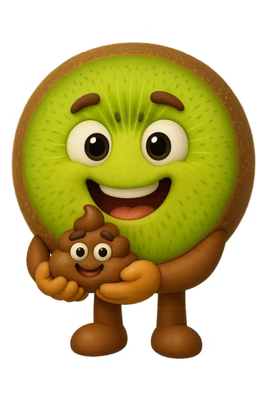 emoji stile iphone di kiwi che tengono in mano un pezzo di colon con espressione felice in volto, iperrealistico 4k sticker
