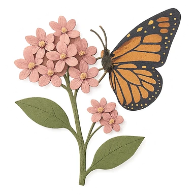 close-up of milkweed flowers with a monarch butterfly, fine paper edges, delicate pink blossoms, detailed butterfly wings sticker