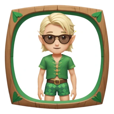 elf male legolas portrait, patterned board shorts (geometric/abstract), unique wooden-framed sunglasses, undercut hairstyle, slight smirk, visible pointy ears, no background, centered emoji, hipster summer vibe sticker