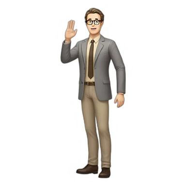 Full height Gesticulating Pale skinned fit man with dark brown hair in gray jacket, beige office shirt, brown tie, brown pants and vintage glasses. sticker