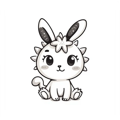 Kawaii bunny plant dragon with tiny spikes, extremely cute, VERY exaggerated proportions, oversized head, enormous sparkly eyes taking up most of the face, tiny body, stubby limbs, blushing cheeks, pastel colors, small mouth, adorable expression, colored pencil texture, visible pencil strokes sticker