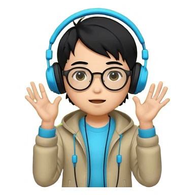 Chibi Japanese boy with black hair and round glasses, big headphones, vibing hard to electronic music, strong beat pulse lines around him, neon glow, exaggerated cartoon style, streaming emote. sticker