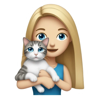 White Woman with blue eyes and long dark hair holding a tabby cat sticker