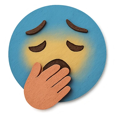 sad face with hand over mouth, blue paper background, paper craft style sticker