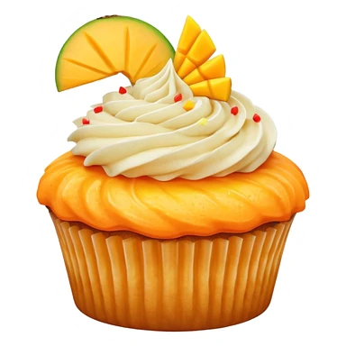 Orange frosted cupcake with mango slice on top sticker