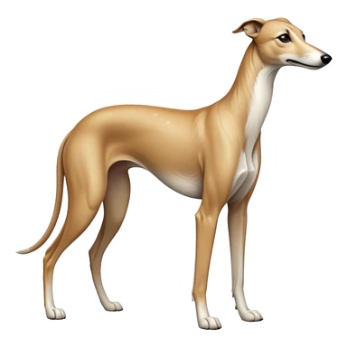 cinematic-[fawn greyhound]-realistic-full-body-standing-emoji,-tail-resting-loosely-beside-its-paws,-head-tilted-dramatically, -sleek-[light fawn]-fur,-simplified-yet-realistic-focused-features,-highly-detailed,-glowing-with-an-almost-sarcastic-glow sticker