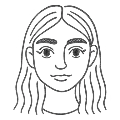 pretty girl with thick eyebrows, straight brown hair and brown eyes, curled eyelashes, hand drawn outlined icon sticker
