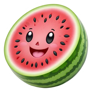 Cute Kawaii Watermelon Slice, juicy and vibrant, soft pastel green rind with pink flesh, tiny black seeds shaped like hearts, an adorable happy face with cute round eyes, bursting with summer energy! sticker