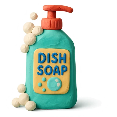 dish soap bottle in claymation style with bubbles and a playful label, pastel palette sticker